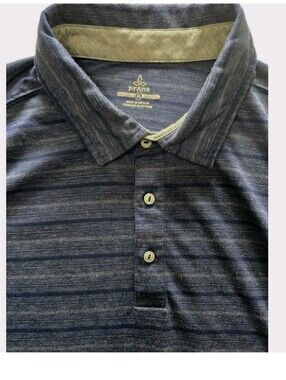 Prana SS Men’s Navy Heathered Striped Polo Shirt Size XL EUC